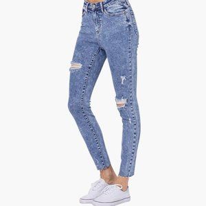 JUDY BLUE HI-RISE SKINNY ACID WASH DESTROYED HEM JEANS